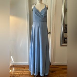 WORN ONCE Azazi floor length blue chiffon dress with slit
